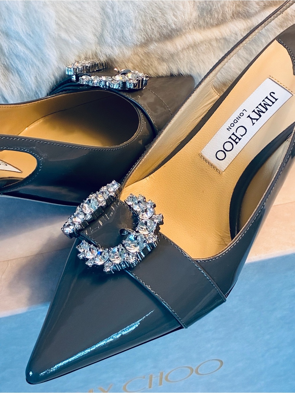 ✨ Jimmy Choo Cheri SB65 Patent Slingback Pointed Toe Pumps w Crystal Buckle NWT - Picture 5 of 17